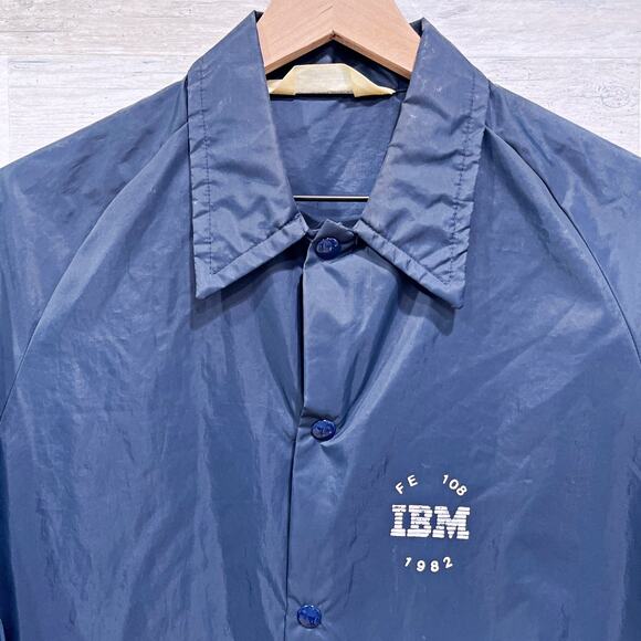Vintage 80s IBM Employee Windbreaker Rain Jacket Navy Blue Snap Button Mens XL - Picture 2 of 7